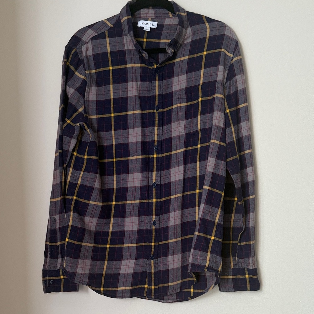 The Rail Men's Navy Yellow Plaid Flannel Long Sleeve Button Down Shirt Size L